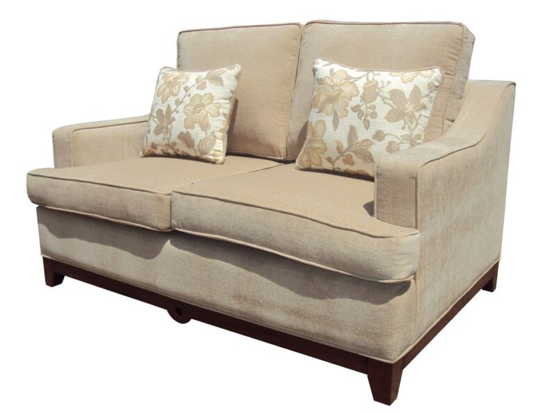 Beige upholstered Malia 2-Seater Sofa with floral-patterned throw pillows and wooden base.