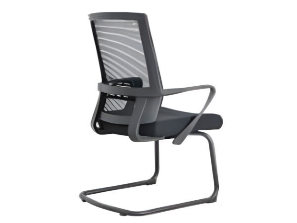 Mesh back visitor’s chair with cushioned seat, metal frame, and fixed armrests.