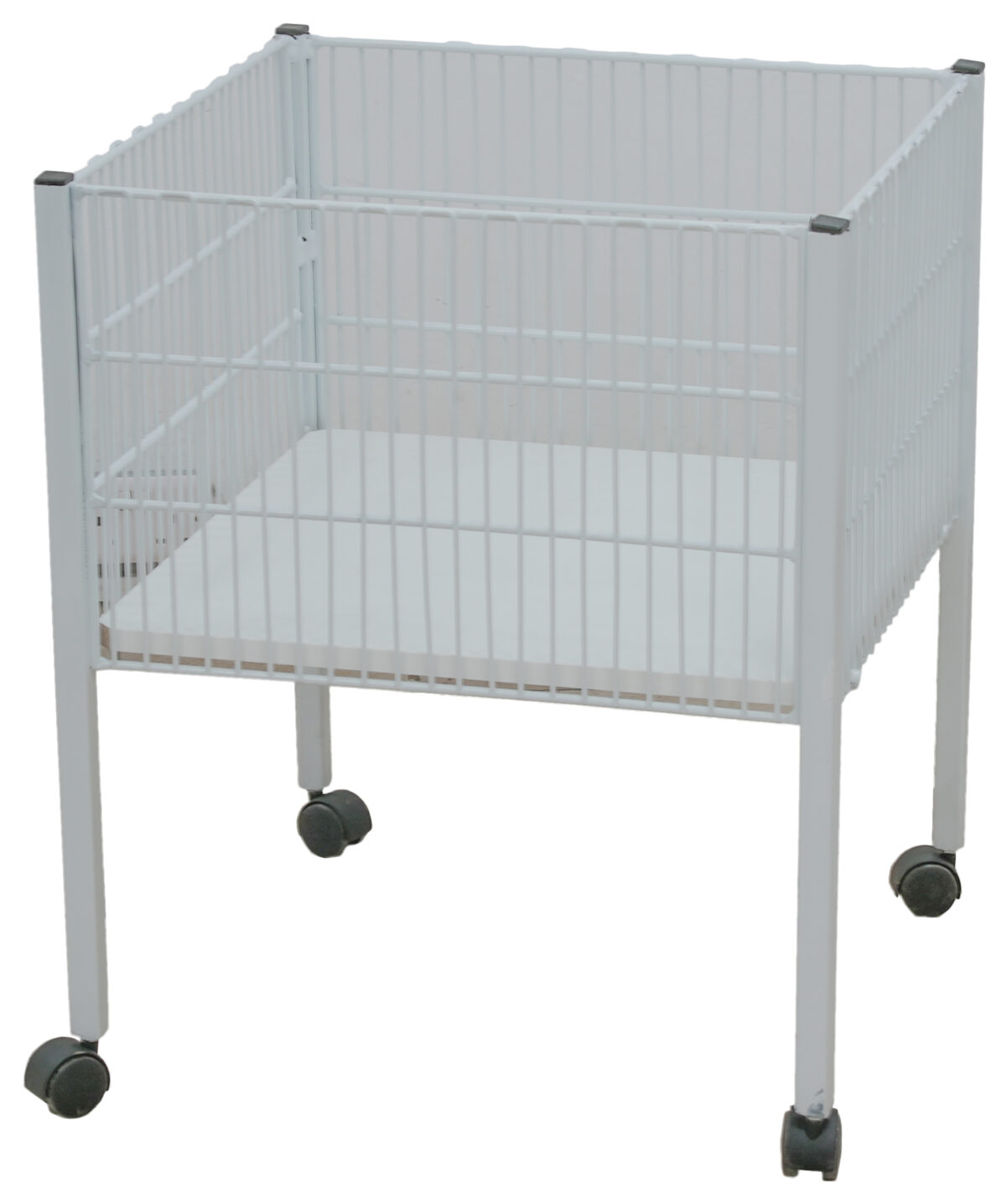White promotion bin on castors measuring 600mm x 600mm x 750mm (h), featuring a sturdy frame and mobile design for easy retail display movement