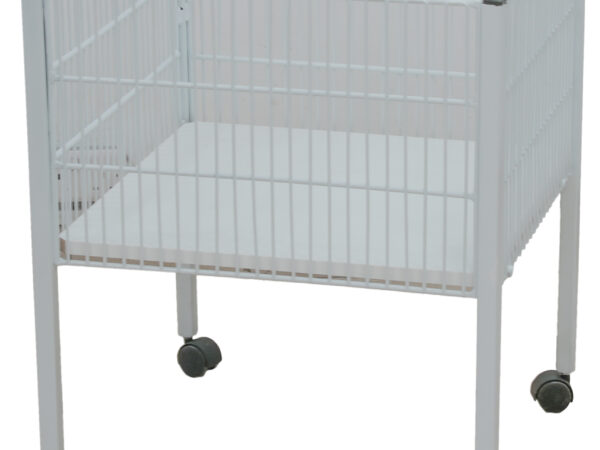 White promotion bin on castors measuring 600mm x 600mm x 750mm (h), featuring a sturdy frame and mobile design for easy retail display movement