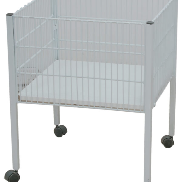 White promotion bin on castors measuring 600mm x 600mm x 750mm (h), featuring a sturdy frame and mobile design for easy retail display movement