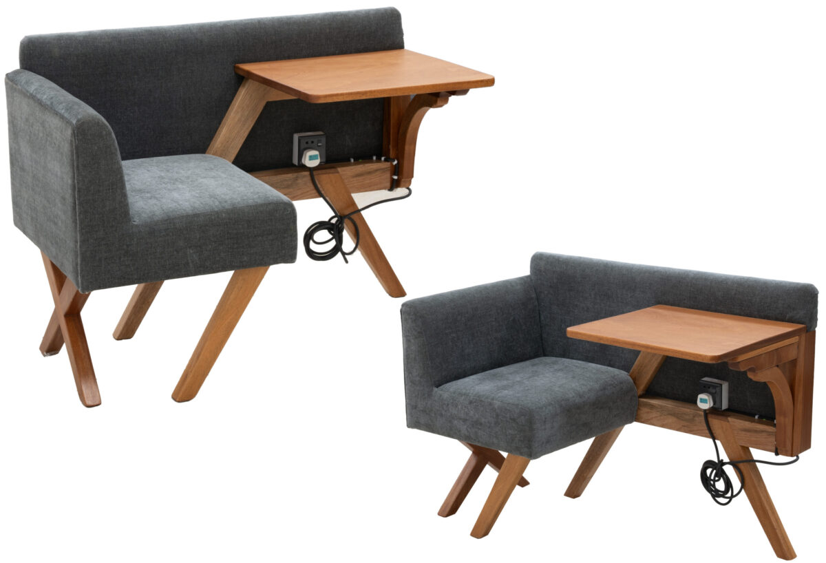 Modern single-seater lounge sofa with wooden frame, built-in side table, and soft grey upholstery.
