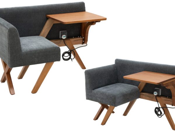 Modern single-seater lounge sofa with wooden frame, built-in side table, and soft grey upholstery.