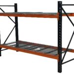 Heavy duty metal shelving unit with blue uprights, orange crossbeams, and block board shelves designed for high load industrial storage.