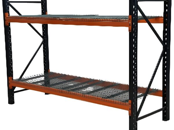 Heavy duty metal shelving unit with blue uprights, orange crossbeams, and block board shelves designed for high load industrial storage.