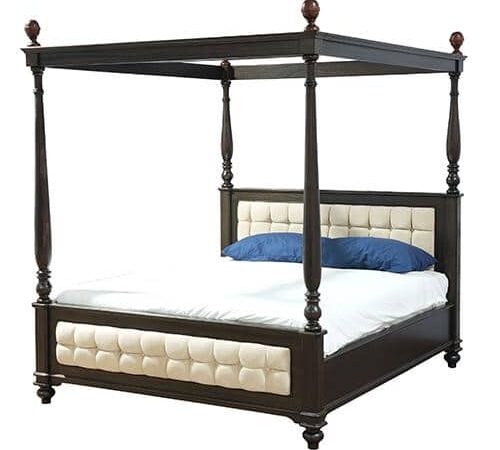 Elegant Amelia poster bed with tall posts, rich walnut-toned wooden frame, and classic silhouette, styled as a luxurious bedroom centrepiece.