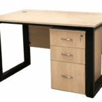 Modern study table with wooden top, black frame, clean lines, and integrated drawer for home or office use.