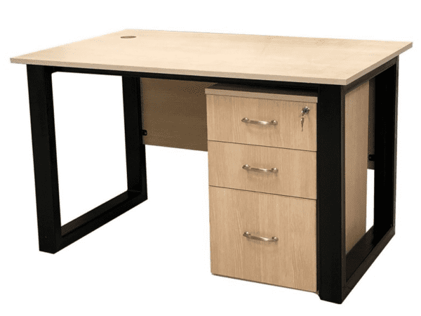 Modern study table with wooden top, black frame, clean lines, and integrated drawer for home or office use.