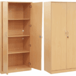 Tall wooden cupboard in a beech finish with double doors and three adjustable interior shelves for organized storage.