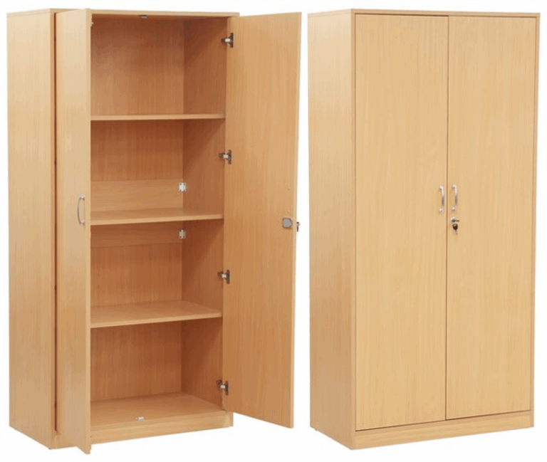 Tall wooden cupboard in a beech finish with double doors and three adjustable interior shelves for organized storage.