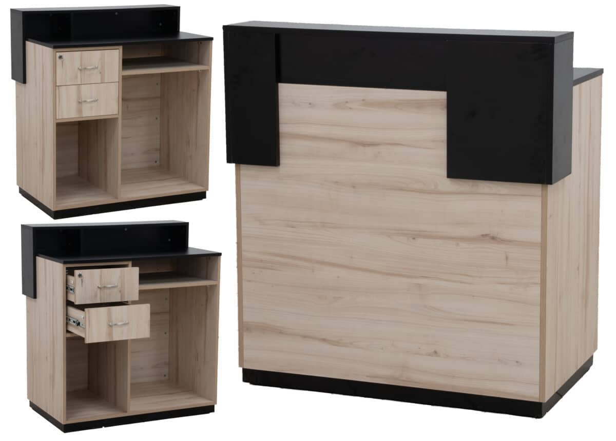 RECEPTION CASHIER COUNTER WITH COUNTER RISER with 2 Fixed Drawers - 1m (L) x 0.6m (d) x 1.13(h) - Super black_Arden - Image 1