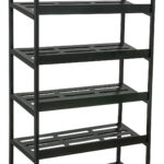 Black six tier metal shoe rack with open slatted shelves for organised and ventilated shoe storage