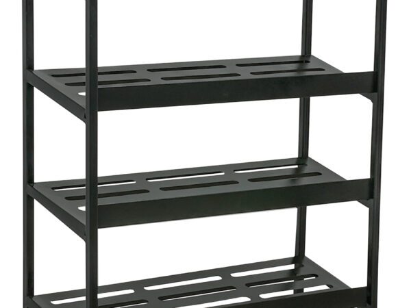 Black six tier metal shoe rack with open slatted shelves for organised and ventilated shoe storage
