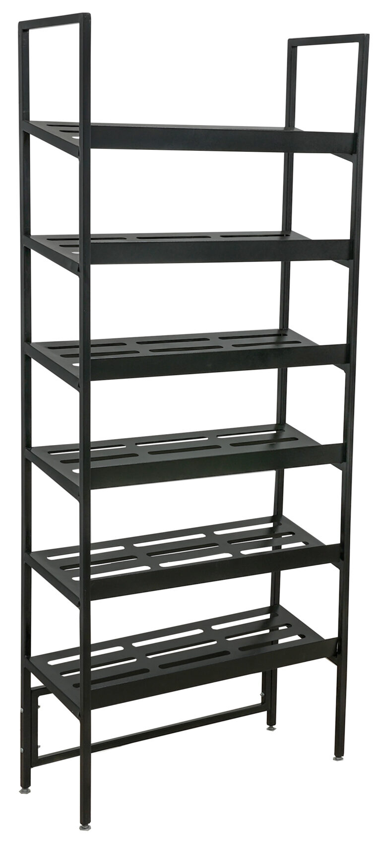 Black six tier metal shoe rack with open slatted shelves for organised and ventilated shoe storage