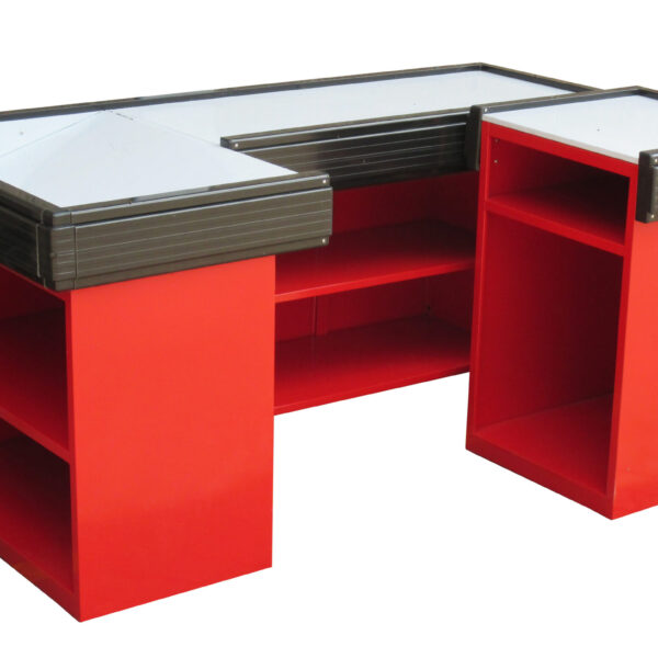 Red L-shaped metal cashier counter with flat work surfaces and open shelves on both sides.