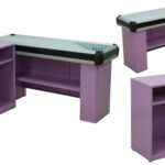 Purple L-shaped metal cashier counter with flat work surfaces, black edging, and open shelves.