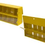 Yellow stacked sweet display stand with three angled tiers for organised product presentation.
