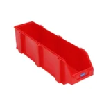 Red plastic storage bin with open front design for easy access, ideal for organizing tools, parts, or supplies in workshops and warehouses.