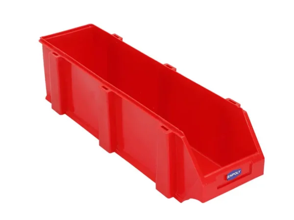 Red plastic storage bin with open front design for easy access, ideal for organizing tools, parts, or supplies in workshops and warehouses.