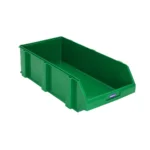 Green rectangular plastic storage bin with open front and reinforced side walls, designed for organizing and stacking.