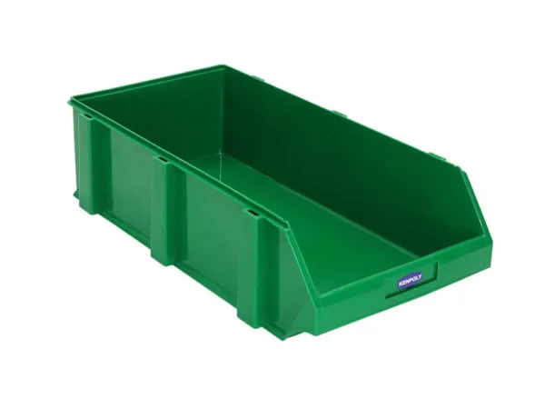 Green rectangular plastic storage bin with open front and reinforced side walls, designed for organizing and stacking.