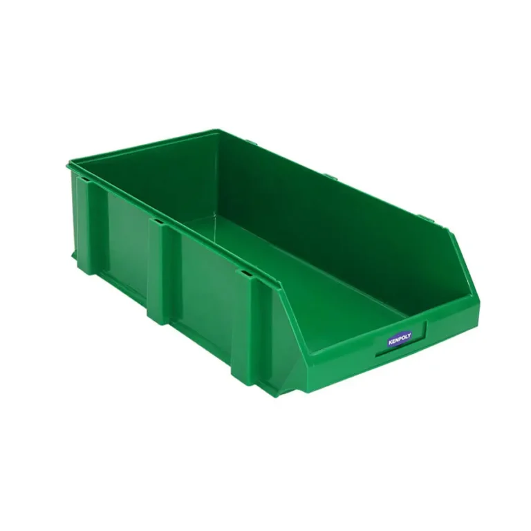 Green rectangular plastic storage bin with open front and reinforced side walls, designed for organizing and stacking.