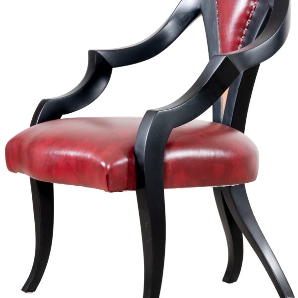 A stylish dining chair featuring a sleek black wooden frame with gracefully curved arms and legs, paired with a padded seat and back upholstered in deep red leather