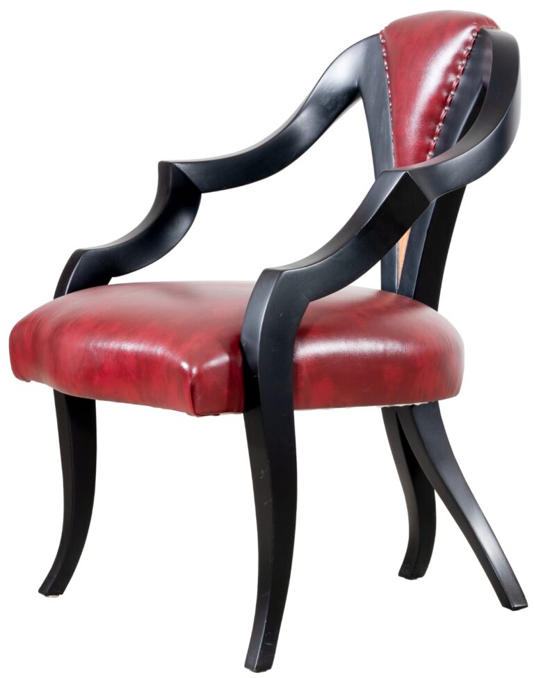 A stylish dining chair featuring a sleek black wooden frame with gracefully curved arms and legs, paired with a padded seat and back upholstered in deep red leather