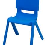 Blue plastic chair with a curved backrest and sturdy angled legs designed for comfort and stability.