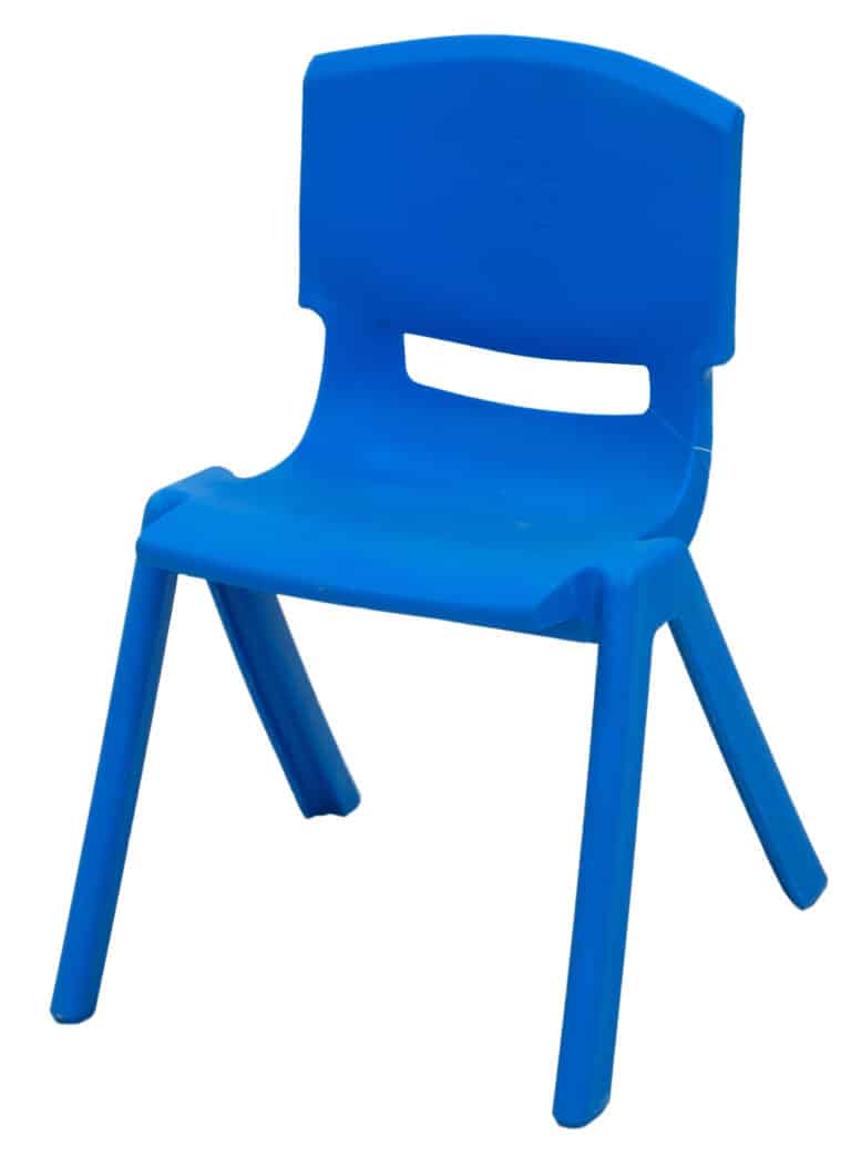Blue plastic chair with a curved backrest and sturdy angled legs designed for comfort and stability.
