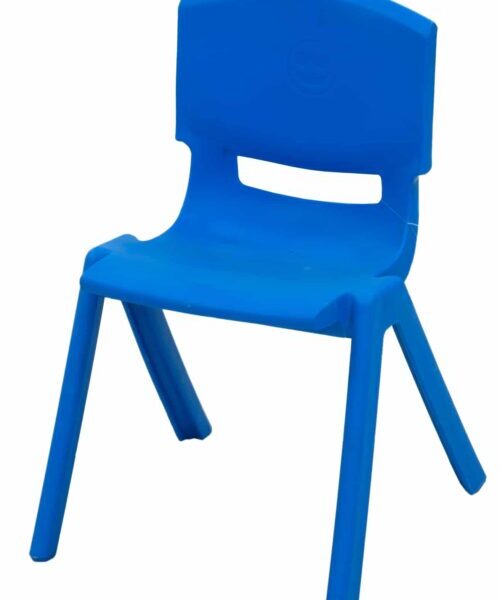Blue plastic chair with a curved backrest and sturdy angled legs designed for comfort and stability.