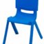 Blue plastic chair with a curved backrest and sturdy angled legs designed for comfort and stability.