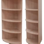 Wooden corner counter with curved shelves and smooth natural wood finish, designed for efficient corner display or storage use