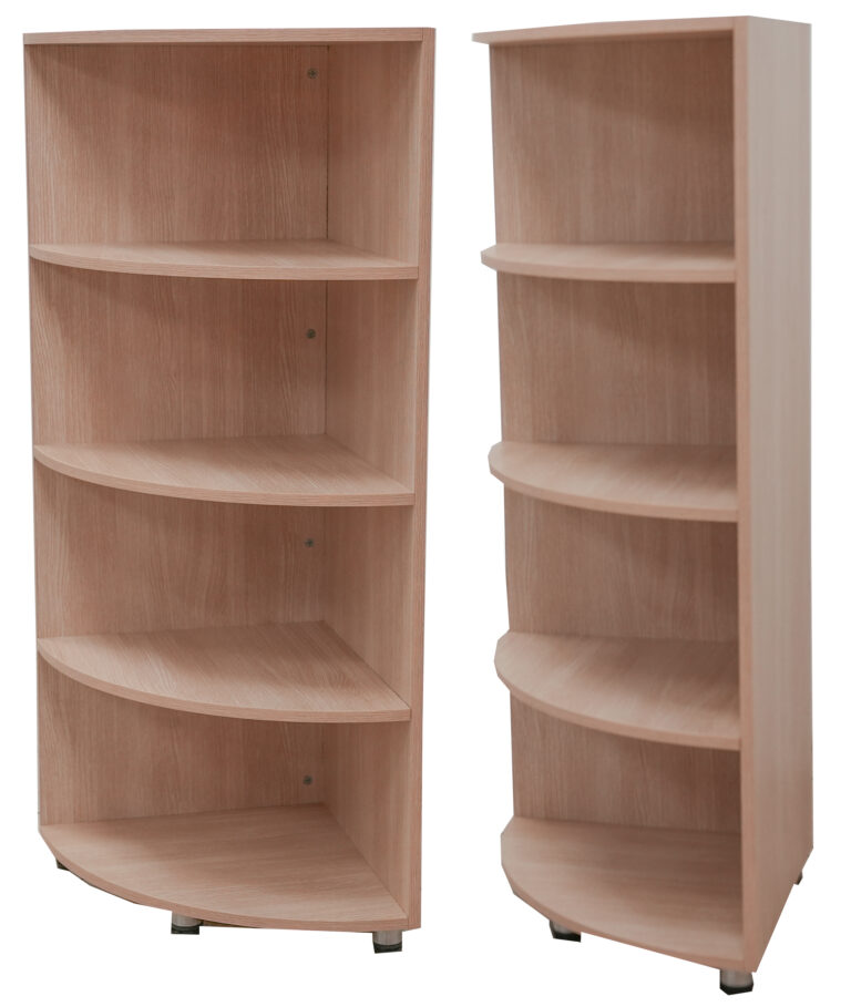 Wooden corner counter with curved shelves and smooth natural wood finish, designed for efficient corner display or storage use
