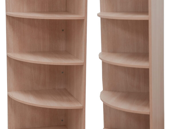 Wooden corner counter with curved shelves and smooth natural wood finish, designed for efficient corner display or storage use