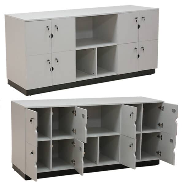 11 COMPARTMENT WOODEN LOCKER 1904mm x 600mm(d) x 882mm(h)  WITH 8 DOORS WITH 3 OPEN COMPARTMENTS WITH STAND - FS GREY