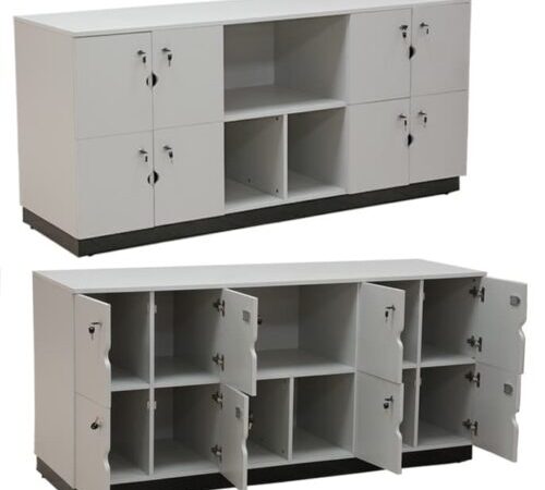 Wooden locker unit with 11 compartments, including 8 doors and 3 open sections, mounted on a sturdy stand.