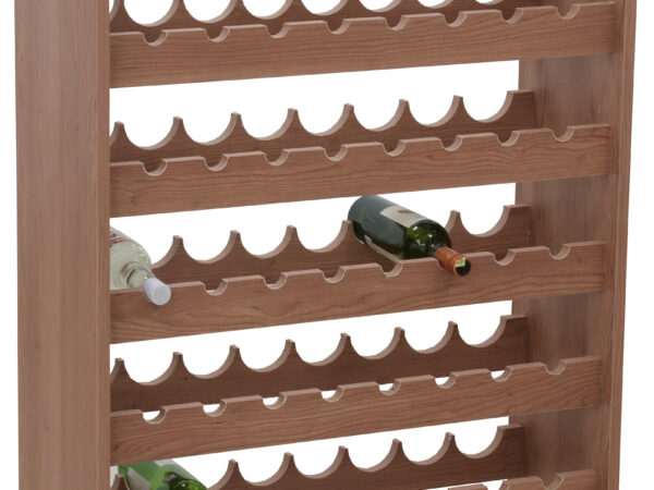 Wooden wine rack with multiple horizontal tiers designed to hold up to 48 bottles, crafted from polished natural wood for elegant wine storage.
