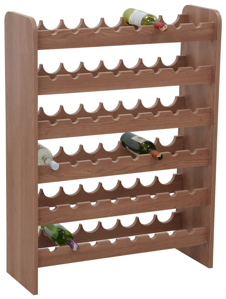 Wooden wine rack with multiple horizontal tiers designed to hold up to 48 bottles, crafted from polished natural wood for elegant wine storage.