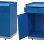 Reception counter with one top drawer and double-door cabinet at the bottom in royal blue finish.
