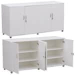 Wooden credenza cabinet with two cupboards on a raised stand in Super White finish.