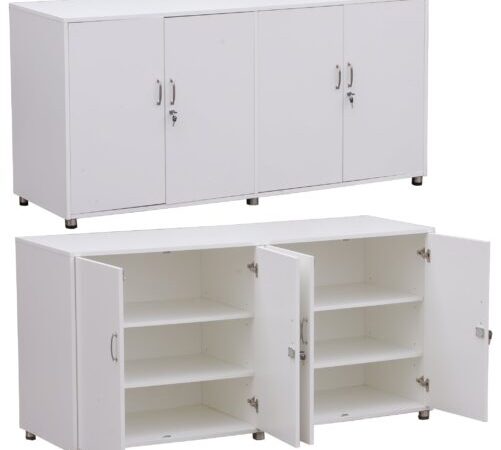 Wooden credenza cabinet with two cupboards on a raised stand in Super White finish.