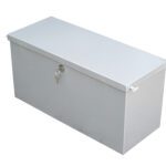 Light grey rectangular metal toolbox with hinged lid and key lock at the front.