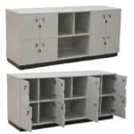 Wooden locker with 11 compartments, including 8 doors and 3 open sections, supported by a sturdy stand.