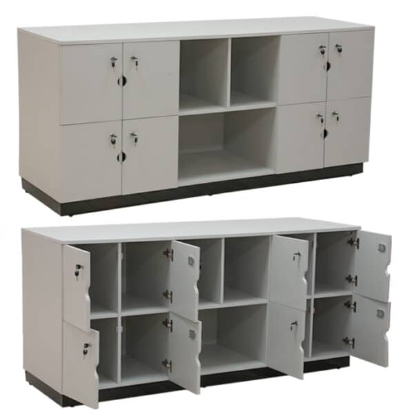 11 COMPARTMENT WOODEN LOCKER 1913mm x 600mm(d) x 882mm(h) WITH 8 DOORS WITH 3 OPEN COMPARTMENTS WITH STAND - FS GREY