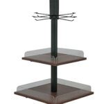 Display unit with three dark wood vinyl wrap shelves, black metal center support, and castor wheels for mobility