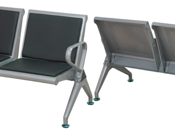 Black 2-seater link chair with padded seats and heavy-duty frame.