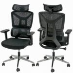 High back office chair with chrome base, adjustable armrests, and black upholstery.