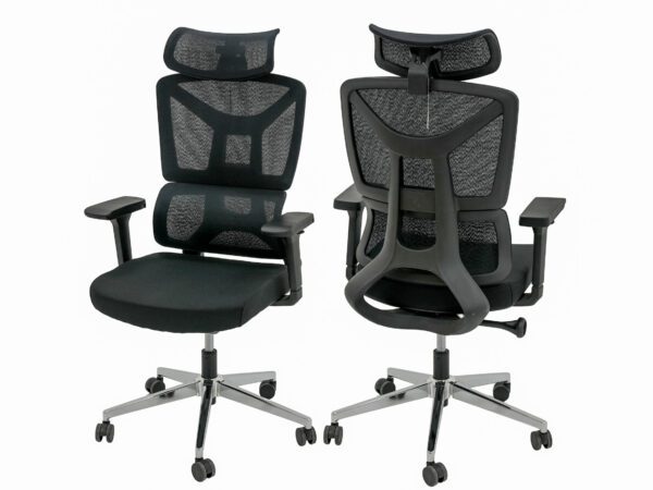 High back office chair with chrome base, adjustable armrests, and black upholstery.
