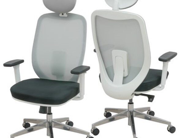High back office chair with black fabric seat, mesh back, white frame and aluminum base.